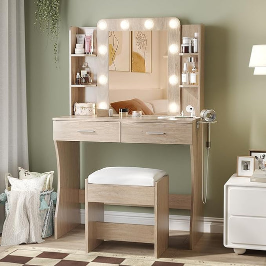 Vabches Vanity Desk with Mirror and Lights,Makeup Vanity Table with Charging Station,2 Drawer Bedroom Dressing Table with 3 Colors Modes Dimming & Cushioned Stool,Natural Oak