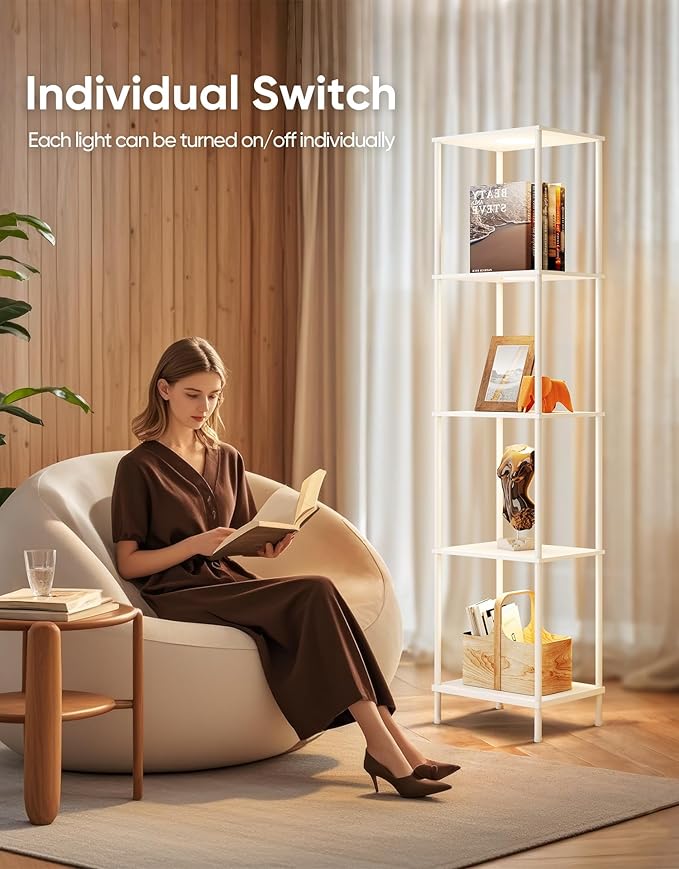 Display Shelf with RGBCW Light, Color Changing Curio Cabinet Floor Lamp with Shelves Corner Standing Column Lamp Etagere Organizer Tower Nightstand Bookcase for Living Room Bedroom Office Décor White