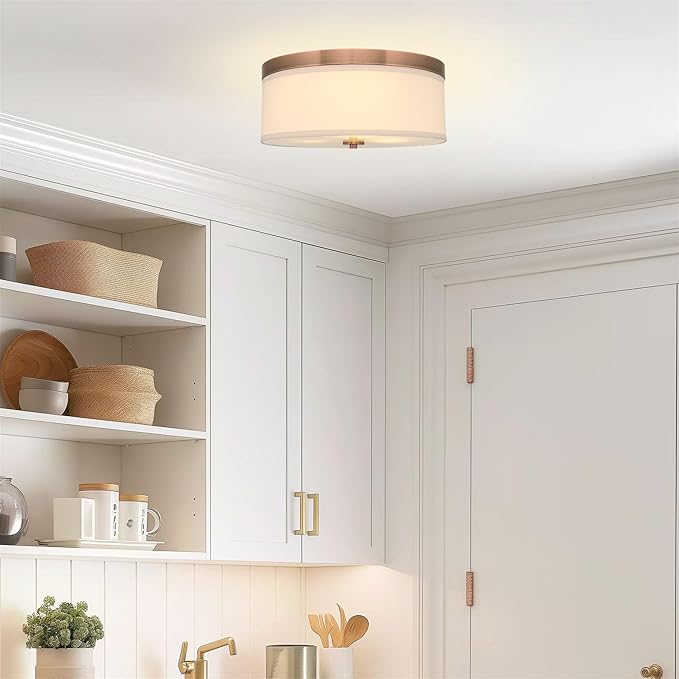 Kira Home Walker 15" Mid-Century Modern 3-Light Flush Mount Ceiling Light, Cream Fabric Shade + Round Glass Diffuser, Copper Bronze Finish