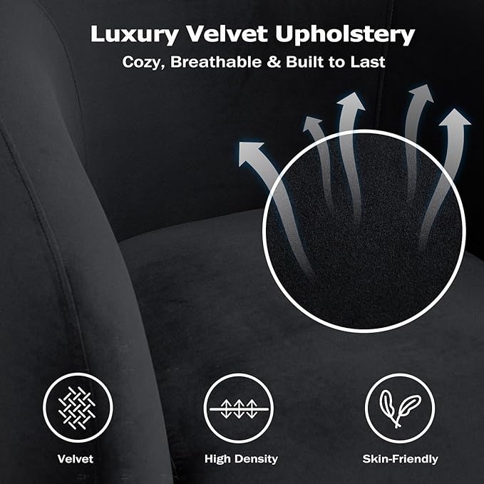 34.6" Velvet Swivel Accent Chair, Modern Round Armchair for Living Room,Upholstered Comfy Sofa Barrel Chairs for Bedroom Reading Apartment Lounge,Fully Assembled(Black)