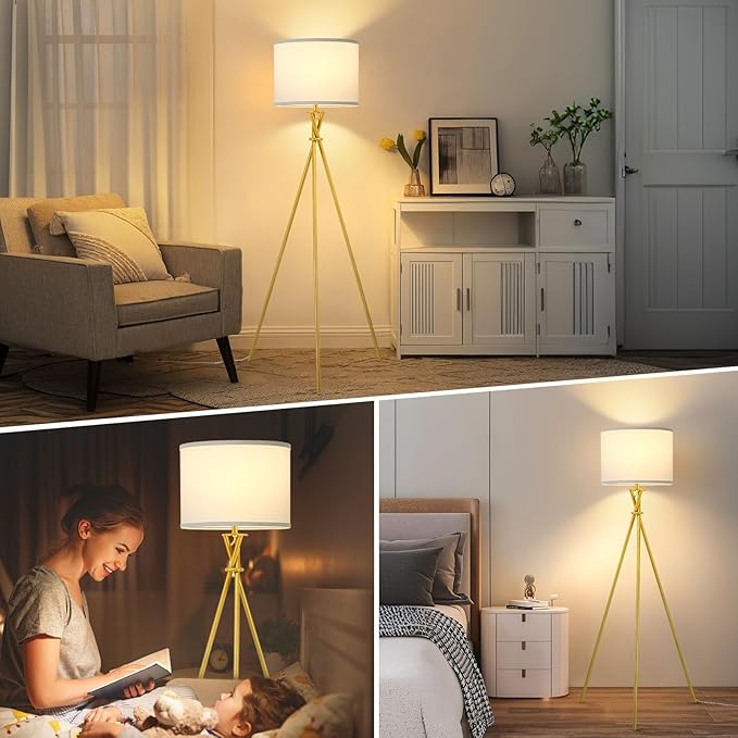 Gold Tripod Floor Lamp, 61”Tall Floor Lamps, Standing Lamp with Rotary Switch, Modern Floor Lamp Simple Design with White Shade, Floor Lamps for Living Room, Bedroom, Office, Without Bulb