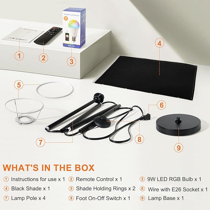 FRIDEKO HOME Black Floor Lamps for Bedroom, Dimmable Colors Temperature & Brightness, Modern Floor Lamps for Living Room, Tall Standing Lamps for Home Decor, Corner Lamp, 9W RGB LED Bulb, Foot Switch