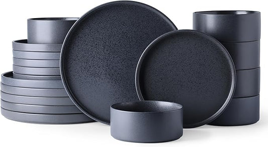 GBhome Ceramic Dinnerware Sets for 6, Matte Stoneware Plates and Bowls Sets,Chip and Scratch Resistant Dishes, Dishwasher & Microwave Safe, Oven safe,Reactive Glaze-Speckled Black