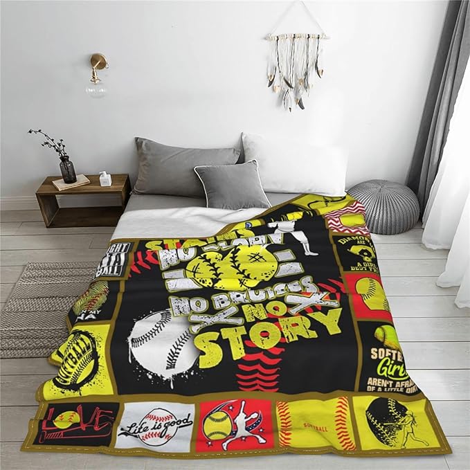 Softball Blanket Softball Throw Blankets Cozy Fleece Flannel Blanket Soft Warm Plush Lightweight Bedding Blanket Softball Gifts for Girls Women Boys Teens Kids for Couch Sofa Bed 60"X80"