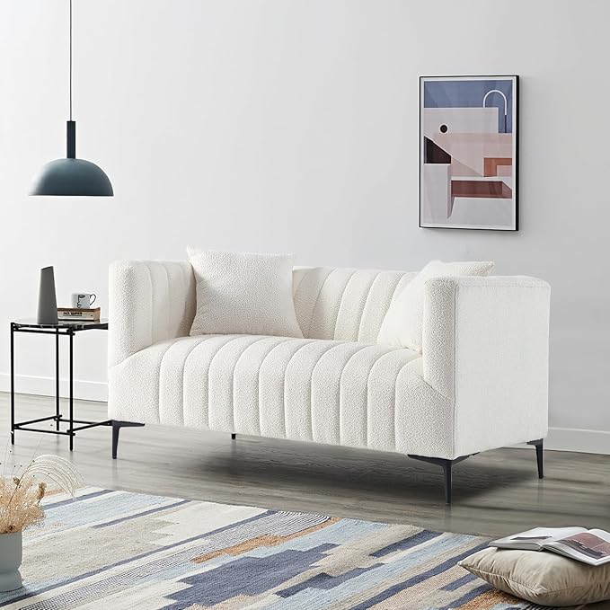 Get Set Style Modern Accent Loveseat Sofa Couch,Tufted Boucle Upholstered Sherpa Deep Seat Cloud Couch with 2 Pillows,Comfy 2 Seater Love Seat for Living Room Apartment Office Lounge Studio (White)