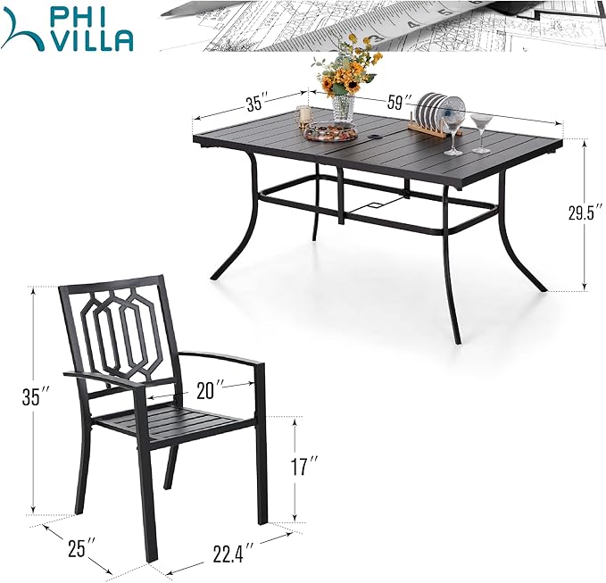 PHI VILLA Outdoor Dining Set 7 Pcs 1 Metal Dining Table and 6 Outdoor Dining Chairs Metal Patio Bistro Stackable Chairs, Black for Outdoor Backyard Bistro Furniture Set