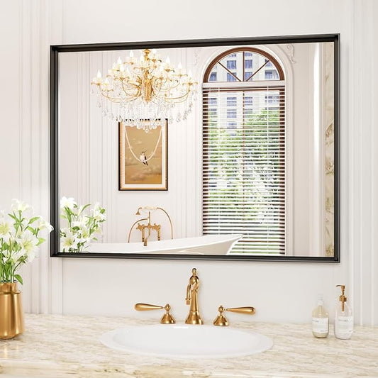 40x30 Inch Black Bthroom Mirror, Metal Frame Vanity Mirror for Wall,Square-Corner, Rectangle, Tempered Glass,Anti-Rust (Horizontal/Vertical), Bedroom, Living Room, Entryway