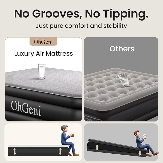 OhGeni 18" Luxury Queen Air Mattress with Built-in Pump, Inflatable Bed with Silk Foam Topper for Superior Comfort, Premium Blow-Up Mattress for Home, Camping & Guest, Easy Setup, Extra Support, Black