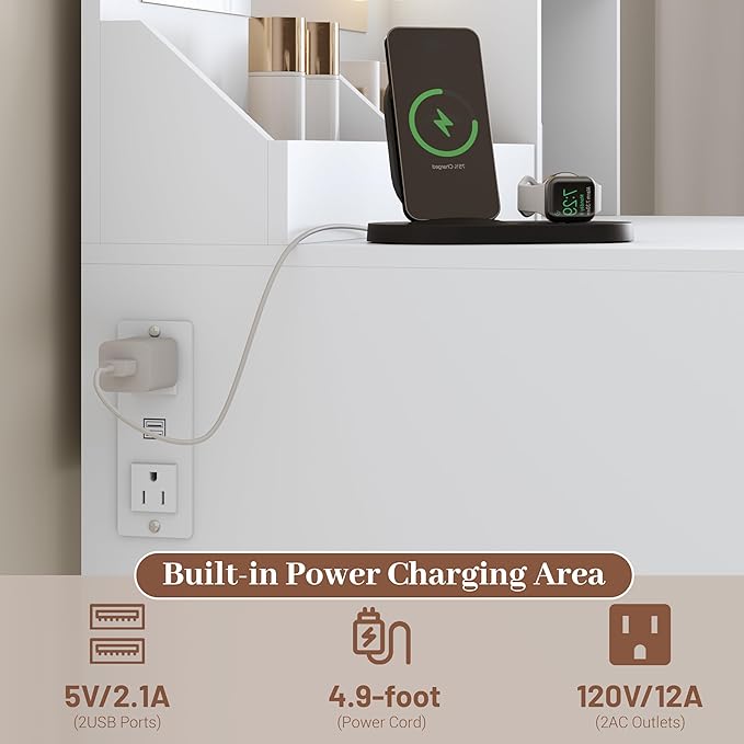 Makeup Vanity with Mirror and Lights, 34'' Wide Dressing Table with Charging Station & RGB Glass Cabinet, Small Vanity Desk with 3 Color Lighting Modes & Adjustable Brightness, White