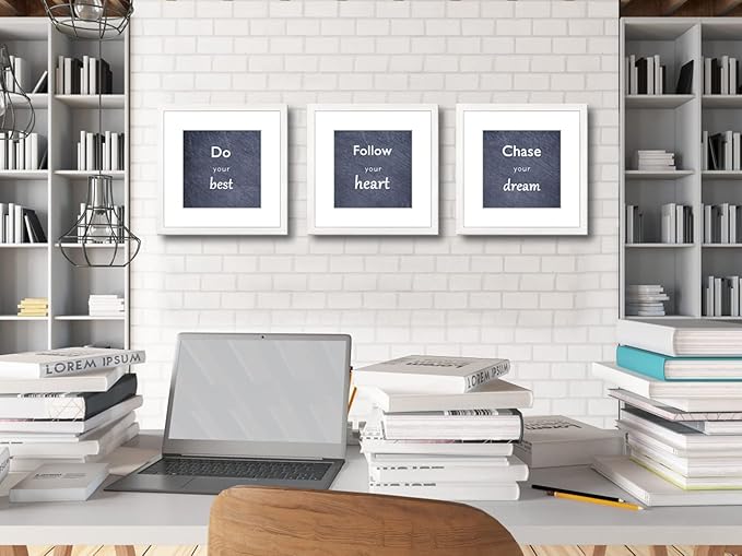 12x12 White Picture Frame Set of 3 for Pictures 8x8 with Mat or 12x12 Without Mat,Wall or Tabletop Gallery Photo Frames with Real Glass