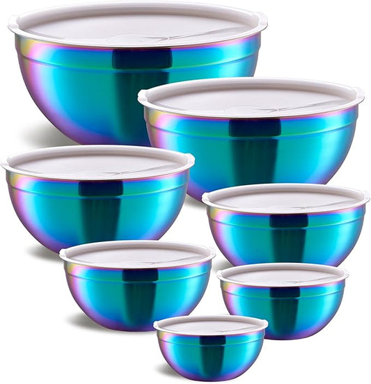 Colorful Mixing Bowls with Airtight Lids, Stainless Steel Nesting Mixing Bowls Set of 7, Ideal for Baking, Prepping and Serving Food, Size 7, 3.6, 2.7, 2.1, 1.5, 1.1,0.8 QT, Stackable Design