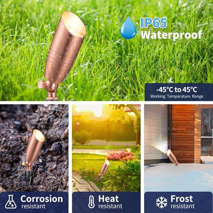 Die-Cast Brass Spot Light Outdoor - 12V LED Uplighting Waterproof, Low Voltage Landscape Lights Direct Wire, Copper for Fence Fountain with Daytime White MR16 Replaceable Bulbs (12 Pack)