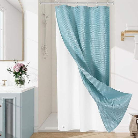 3 in 1 Stall Half Size Shower Curtain Set-36 W x 72 H, Teal Blue Waffle Waterproof Fabric and PEVA Liner Set with Stainless Steel Hooks