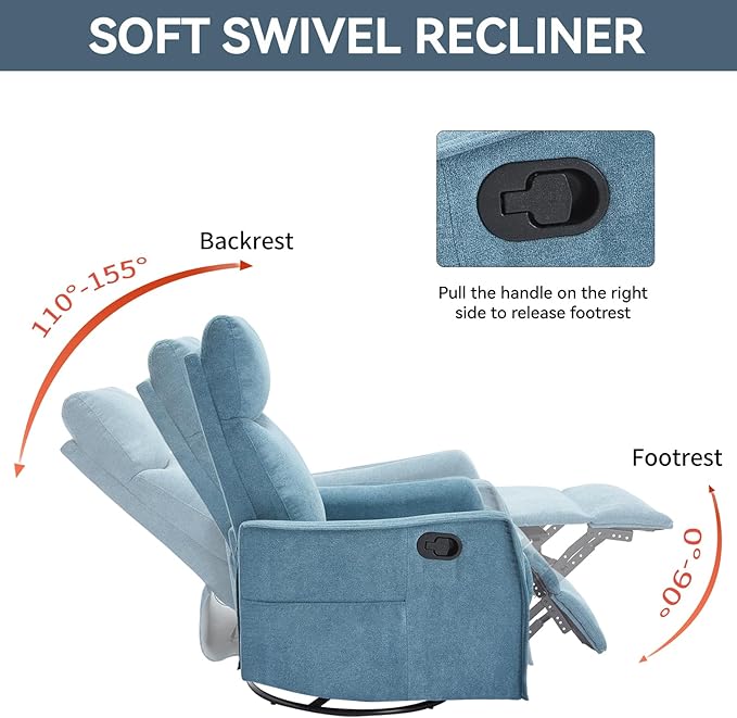 Massage Rocker Swivel Recliner Chair for Adults, Manual Recliner Glider with Lumbar Heating, Technical Flannel Fabric Nursery Glider Rocking Chair with Vibration Massage for Living Room - Blue