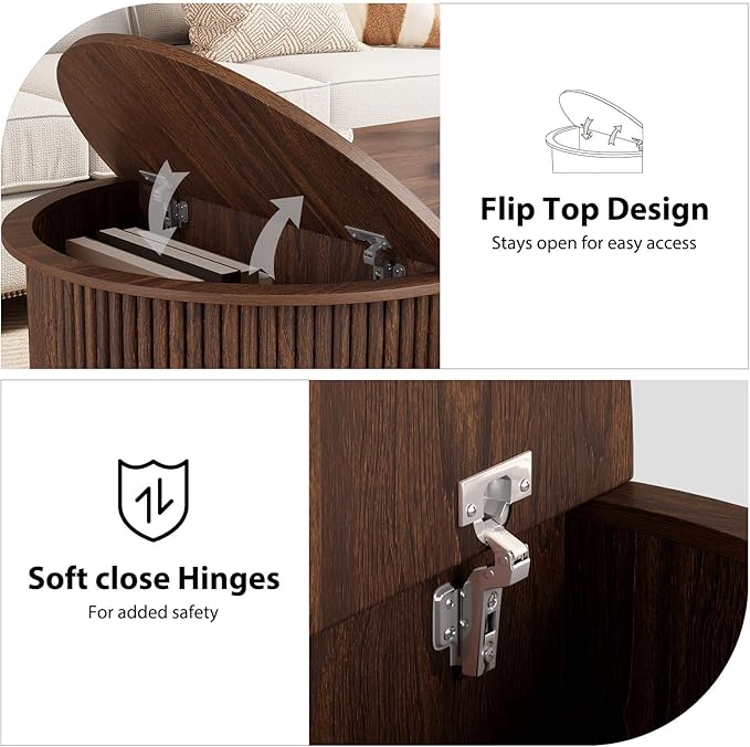 HSH Oval Coffee Table with Storage, 47” Modern Coffee Table with Press Type Door, Fluted Living Room Tables with 2 Flip-Top Hidden Lids, Wood Center Table for Living Room, Office,Walnut