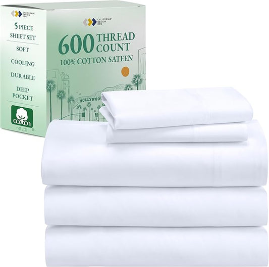 California Design Den Split King Sheet Set - 100% Cotton, 600 Thread Count, Breathable Luxury King Size Sheets for Adjustable Bed, Luxury Soft Hotel-Quality, Sateen Weave - Bright White