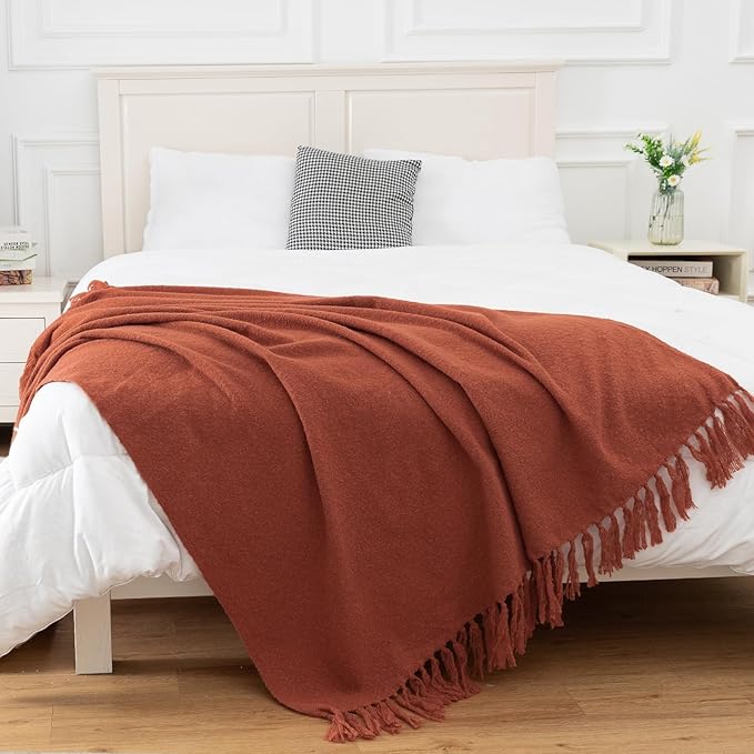 Gealaek Fall Throw Blanket Lightweight Fuzzy Soft Cozy Decorative Blankets for Sofa Bed Farmhouse Throw Blanket Burnt Orange with Fringe 50" x 60"