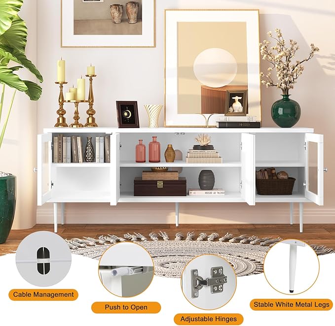 TV Stand for TVs up to 75 Inches, Mid Century Modern Entertainment Center with 3D Flower Pattern, Wood Media Console with 2 Fluted Glass Doors, Storage Cabinet for Living Room, White