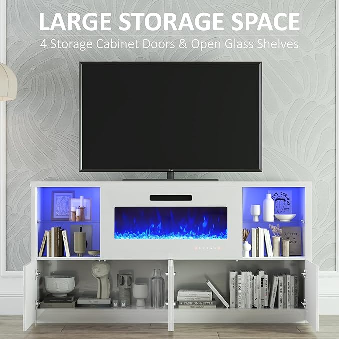 68" Modern Fireplace TV Stand for TVs up to 75", High Gloss Entertainment Center with 40" Fireplace, 4 Shelves & Storage Cabinets, Media Console Table, All Gloss White