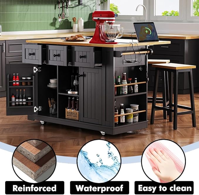 Rolling Kitchen Island with Storage, Kitchen Cart on Wheels with Drop Leaf, Mobile Kitchen Storage Cart with Power Outlet, Open Side Racks, 53 Inch Width, Three Drawers (Black)