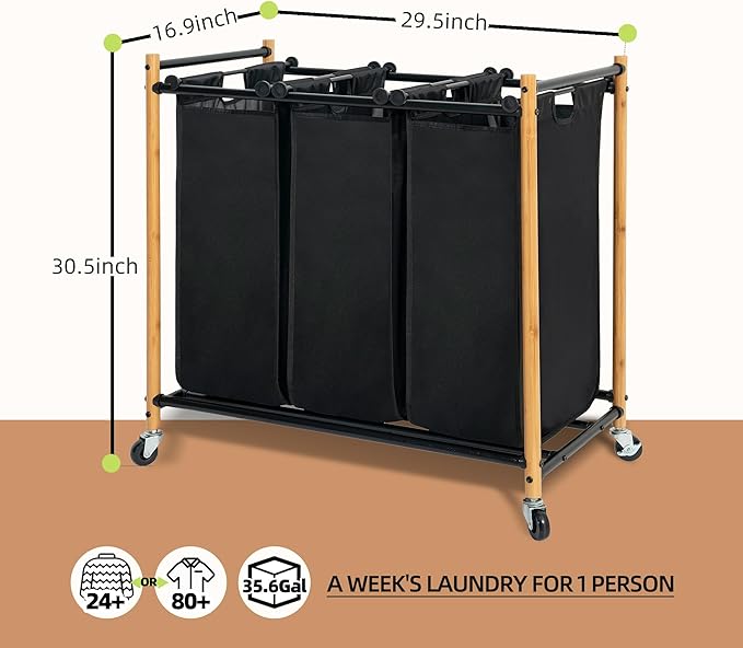 STORAGE MANIAC 3 Section Laundry Sorter, 35.9 Gal (136 L) Laundry Hamper Cart with Heavy Duty Rolling Lockable Wheels and Removable Bags, Clothes Organizer Basket Clothes Separator Hamper, Bamboo