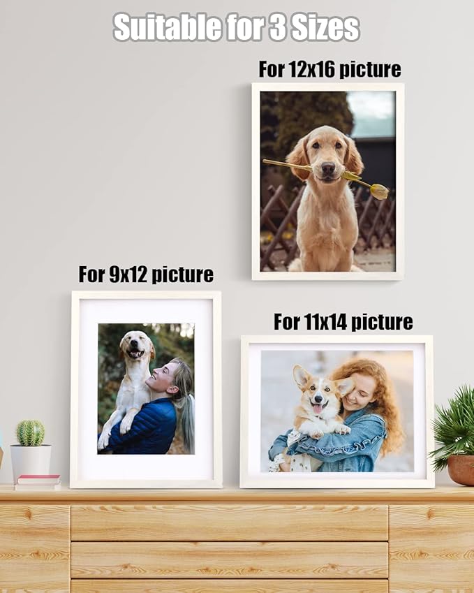 Egofine 12x16 Picture Frame Made of Solid Wood with Plexiglass, Display Pictures 9x12/11x14 with Mat or 12x16 Without Mat for Wall Mounting, Beige