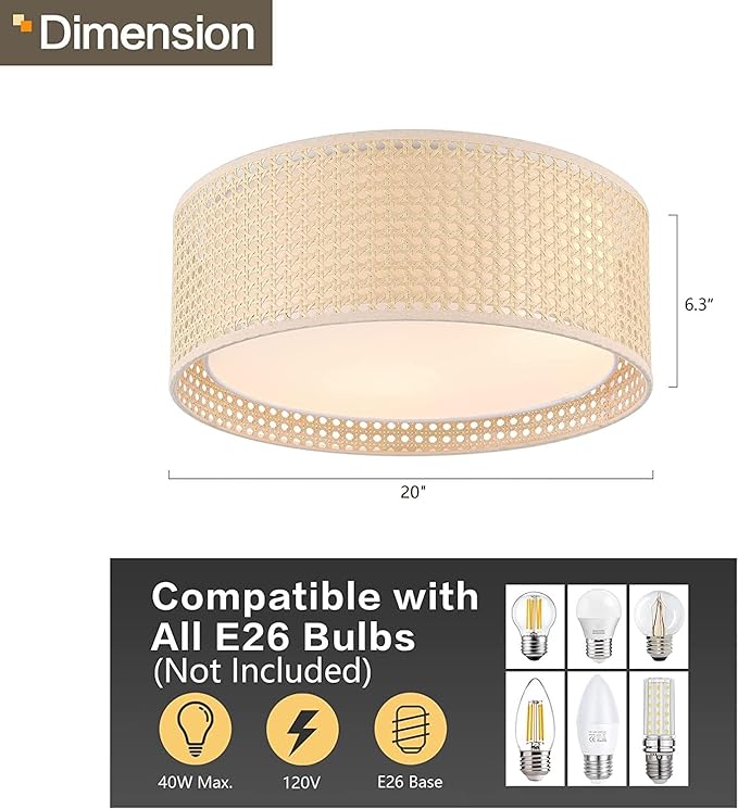 WINGBO 20" Modern 5-Light Flush Mount Ceiling Light Fixture with Rattan & Fabric Double Drum Shade for Bedroom Living Room Dining Room Hallway Entryway, Khaki