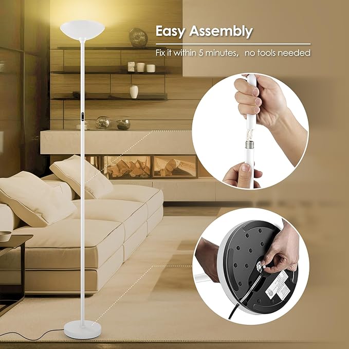 Stepless Dimmable Floor Lamp,30W 3000LM Super Bright LED Torchiere Floor Lamps with Remote & Touch Control,71 in Tall Modern Standing Lamp for Living Room Bedroom Office,2700k-6500k,White
