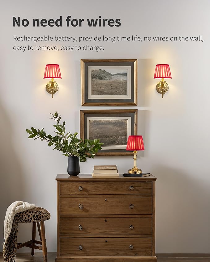 KDG Cordless Wall Sconces Set of 2, Small Wireless 5200mAh Rechargeable Battery Fabric LED Wall Lamps, Portables Lightings for Wall Painting, Living Room, Bedroom, Hallway, Gifts, Night Light (Red)