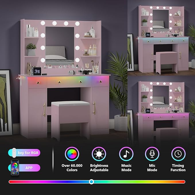 Makeup Vanity Desk with Mirror and Lights, 43" Pink Vanity Set with Chair, 3 Drawers, Power Outlet & Adjustable RGB LED Lights, Dressing Table with Storage Shelf for Women & Girls Bedroom