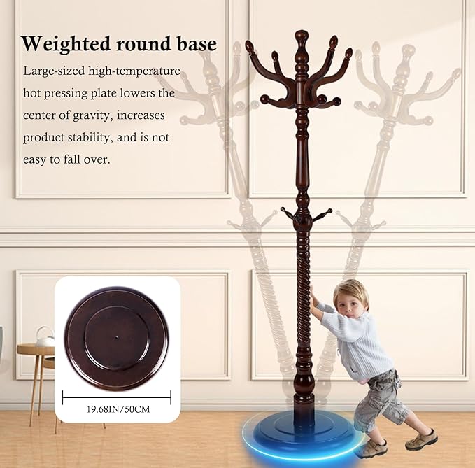 Coat Rack Stand, Solid Wooden Coat Tree with 11 Hooks, Heavy Duty Coat Rack Freestanding with Sturdy Round Base, Natural Birch Wood Coat Hanger Stand for Entryway Bedroom (Circular)