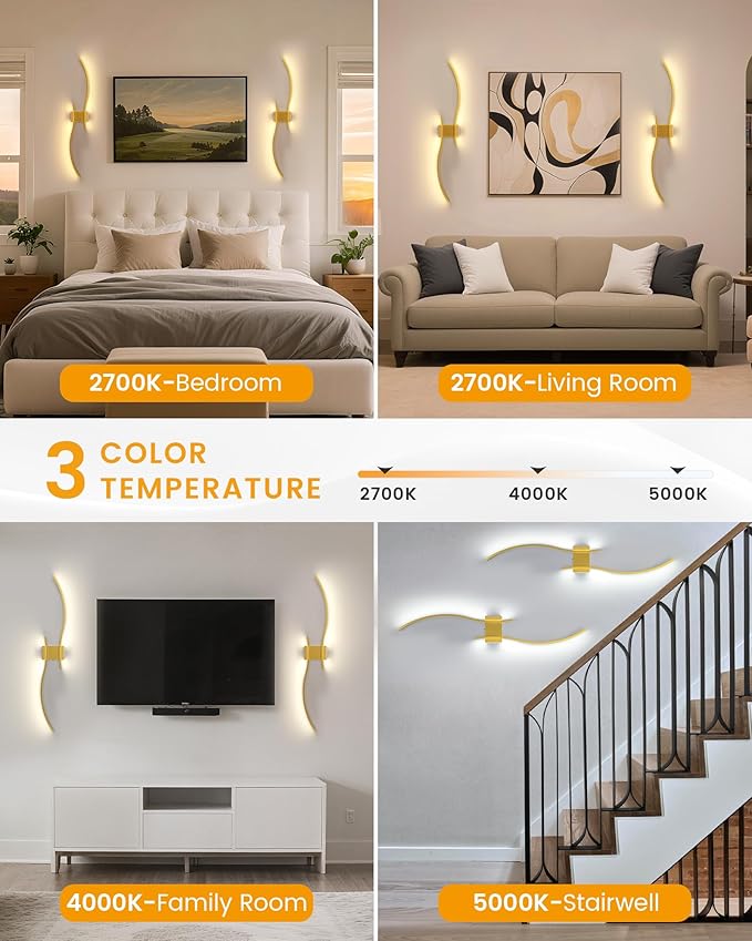 NIORSUN 39.4 Inch Battery Operated Wall Sconce Set of 2, Gold Modern Rechargeable Wall Lights with Remote, 3CCT Dimmable Wireless Wall Lamp for Living Room Bedroom Hallway
