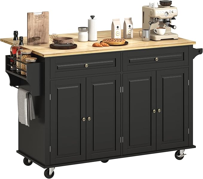 59" W Rolling Kitchen Island with Drop Leaf – Movable Kitchen Carts on Wheels Island with Storage Cabinet, Island Table for Kitchen with Rubber Wood Top and Rack and Drawer, Matte, Black