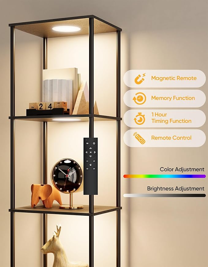 Display Shelf with RGBW Light, Color Changing Curio Cabinet Floor Lamp with Shelves Corner Standing Column Lamp Etagere Organizer Tower Nightstand Bookcase for Living Room Bedroom Office Décor Black