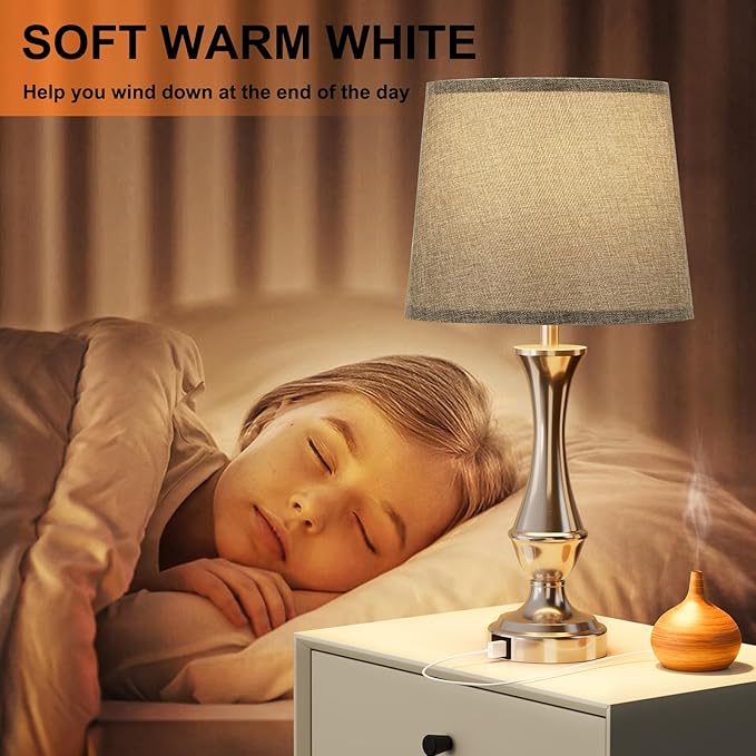 Upgraded Touch Lamps for Night Stands Set of 2 - Bedside Lamps with USB C+A, 3 Way Dimmable for Bedroom Living Room End Tables Office (Grey&Nickel)