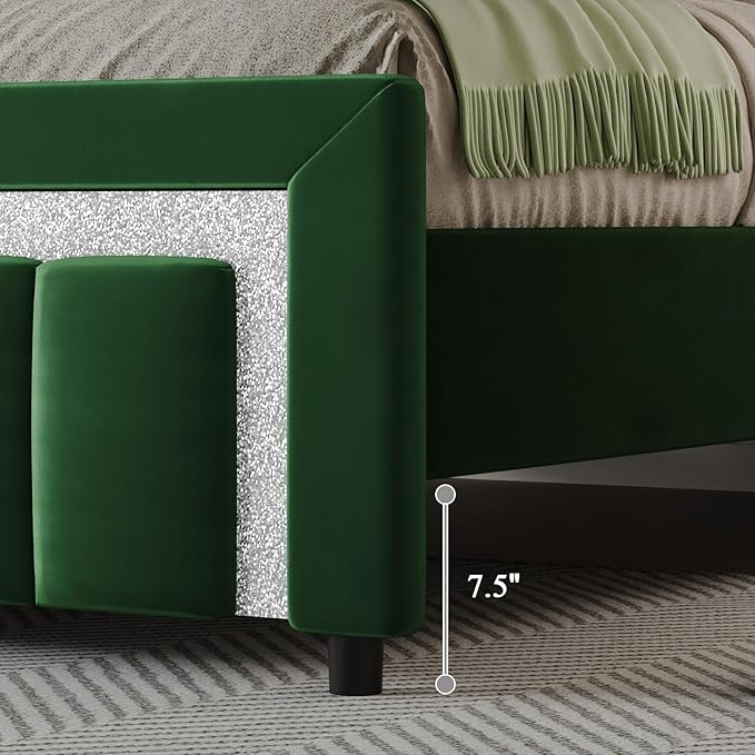 HOMBCK Twin Bed Frames, Twin Size Bed Frames with Upholstered Headboard and Footboard, Velvet Bed Frame with Wooden Salts, No Box Spring Required, Easy Assembly, Green