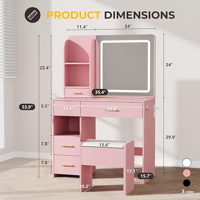 Vanity Desk with Mirror and Lights, 3 Lighting Colors and Power Outlet Makeup Vanity Desk with 5 Large Drawers and 3 Storage Shelves, Pink Vanity with Storage Stool for Bedroom