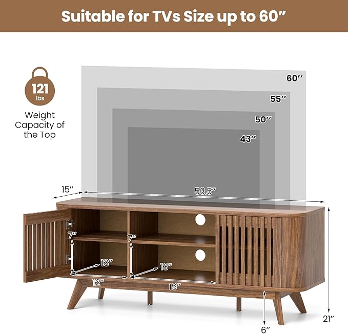 Giantex Fluted TV Stand for TVs up to 60", Mid Century Modern Entertainment Center w/Storage, 2-Door TV Cabinet w/Adjustable Shelves, Media Console Table for Living Room, Bedroom, Walnut