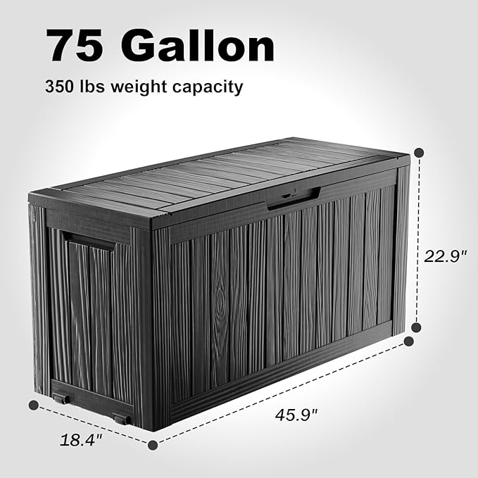 Vixzen 75 Gallon Resin Deck Box, Lockable Outdoor Storage Box for Patio Cushions Storage Furniture,Garden Tools, Pool Supplies, Weatherproof and UV Resistant- Black