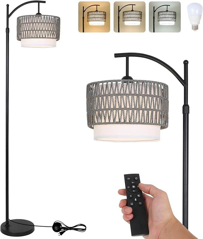 Floor Lamps for Living Room, Arc Standing Lamp with Remote & Dimmable Bulb, Boho Rattan Floor Lamp for Bedroom with 3 Color Temperatures, Farmhouse Tall Lamp, Height Adjustable Stand up Lamp