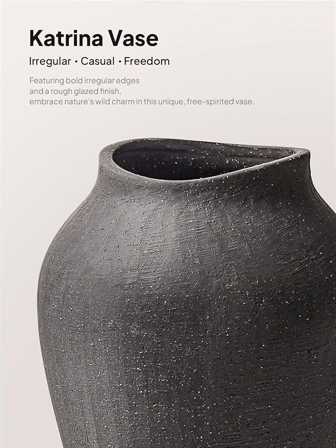 Ceramic Vase - Large 11.8 Inch Tall Floor Vase for Centerpieces, Farmhouse Rustic Minimalist Home Decor for Living Room, Enterway, Wedding (Sandstone Dark Gray)