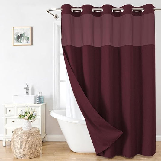 Long No Hooks Needed Linen Textured Shower Curtain with Snap-in Fabric Liner Set,Hotel Luxury Decor Shower Curtains for Bathroom,Waterproof & Washable,71Wx80H,Burgundy