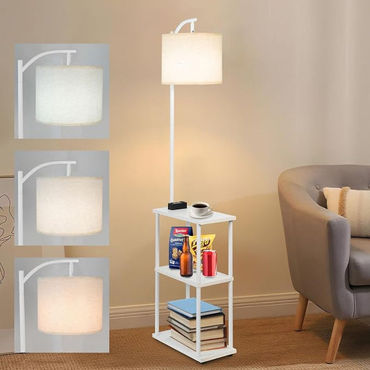 Floor Lamp with Table, Narrow Side Table with USB-A/USB-C Charging Station and AC Port, 3 Color Temperatures 12W LED Bulb, End Table for Bedroom, Living Room and Home Office, White