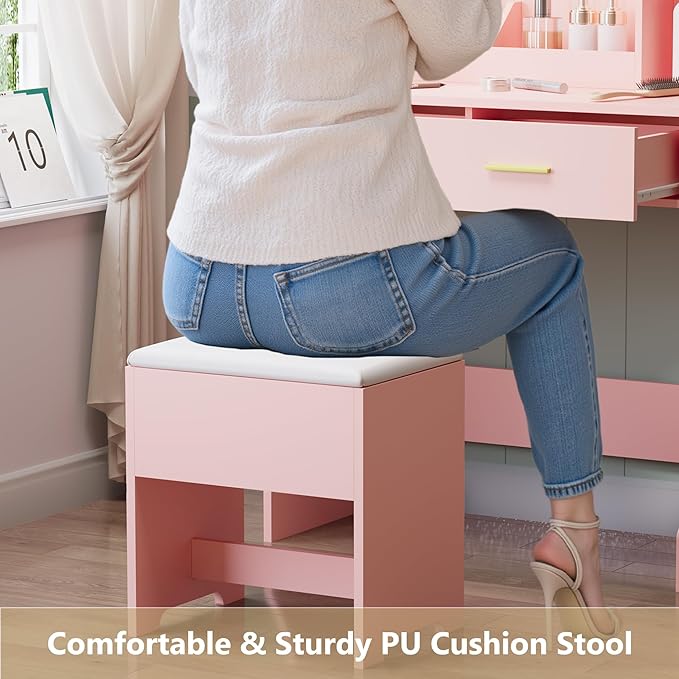 Pink Vanity Mirror with Lights Desk and Chair, Small Makeup Vanity Set with Charging Station, Dressing Table with 2 Large Drawers, RGB Ambient Light, 3 Lighting Modes & Adjustable Brightness
