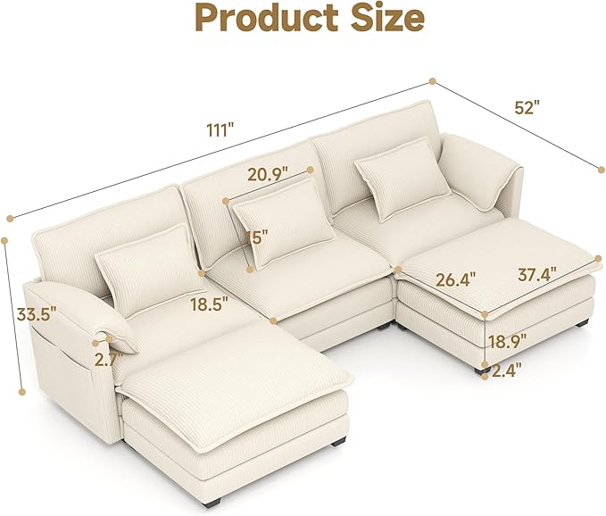 Real Relax 111'' Modular Sectional Sofa, U Shaped Corduroy Convertible Couch with Movable Ottoman 6 Pillows and 2 Armrest Pillows for Living Room, Office and Leisure Places, Beige