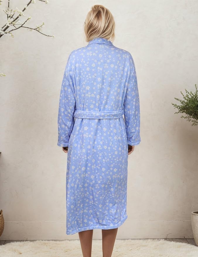 Women Fleece Floral Fruit Print Bathrobe Soft Flannel Lounge Robe Cute Fall Robe Lightweight Warm Gown with Belt