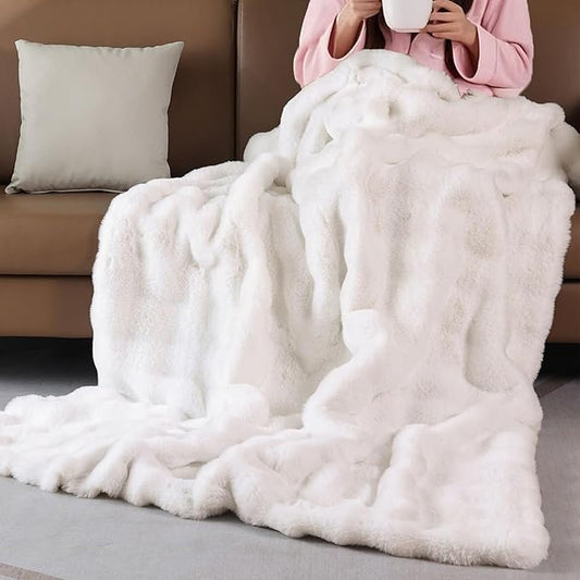 Fluffy Fuzzy Cozy Faux Fur Throw Blanket for Living Room Couch Cream Beige Bubble 60X80 Throw Blanket for Apartment Bed Gift Office Decorative Blanket Decor 860 GSM