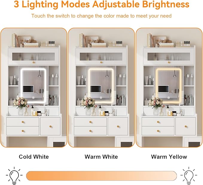 ARTETHYS Small Vanity Desk with Sliding Mirror and Lights White Makeup Vanities Set with Drawers Compact Dressing Table with Cabinet and Adjustable Shelves for Bedroom