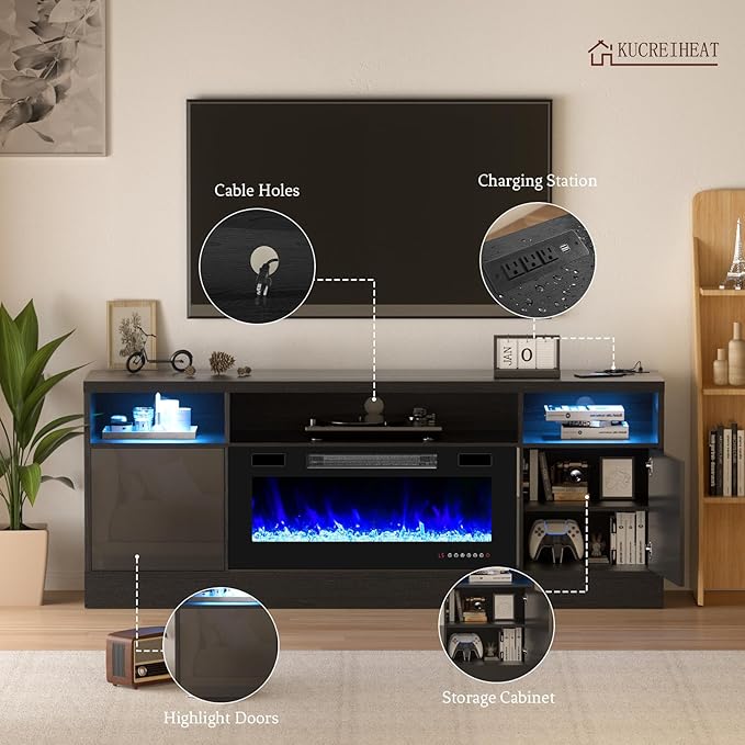 70'' TV Stand with Fireplace and Power Outlet-Black Entertainment Center for 75+ inch TV- 27'' High TV Cabinet with LED Light, Storage, High Glossy Door, Modern TV Console for Living Room