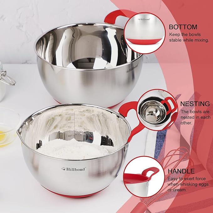 Hillbond Mixing Bowls with BPA Free Airtight Lids Nesting Bowls with Pour Spout, Silicone Handle and Non-Slip Bottoms for Baking, Stainless Steel Mixing Bowls Dishwasher Safe, 1.5, 3, 5 QT (Red)